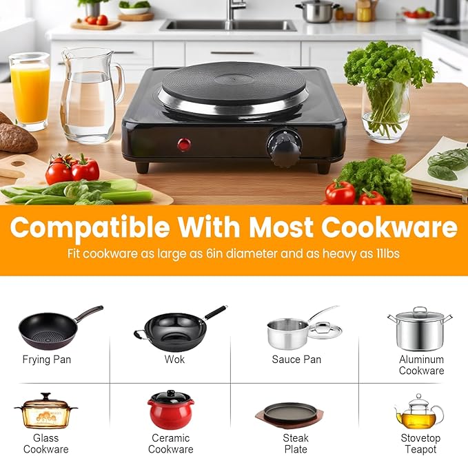 7” Electric Single Burner, 1500W Portable Stainless Steel Countertop Hot Plate Stove Cooktop with Non Slip Rubber Feet for RV/Home/Camp, 5 Temperature Adjustments