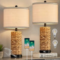 GyroVu Rattan Table Lamp Set of 2, Wicker Lamps, Dimmable Touch Seagrass Table lamp with 2 USB Ports and 1 AC Outlet for Bedroom Nightstand Table, Livingroom End Table, Bulbs Include
