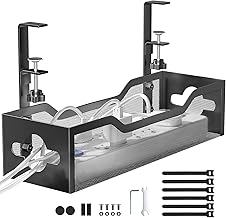 Under Desk Cable Management Tray No Drill, Metal Mesh Cable Management Under Desk with Clamp Mount, 2 Hole Cable Tray with Wire Management and Cord Organizer for Home Office Standing Desk