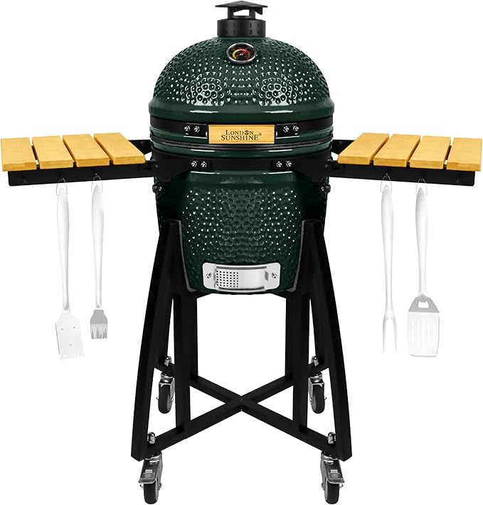 London Sunshine 15-inch Ceramic Kamado Charcoal BBQ Grill & Smoker with Locking Casters, Foldable Side Shelves, Stainless Steel Grates, and Tall Stand (Green)