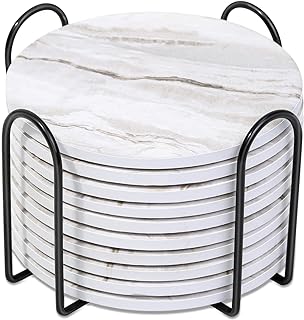 Caffox Coasters Set of 10, Absorbent Drink Coasters with Holder, Marble Style Ceramic Coaster for Wooden Table, Home Decor, 4 Inches(Griege)