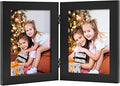 Frametory, 5x7 Double Hinged Picture Frame with Glass Front, Engineered Wood Two Photo Frame Collage for Vertical Display, Side by Side Standing Frame (Black, 1 Pack)