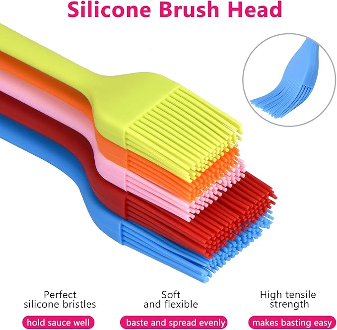 Hhyn Silicone Basting Pastry Brush Set 5 Pack Heat Resistant Spread Oil Butter Sauce for BBQ Grill Barbeque Kitchen Baking Cooking Pastries, 2 Large & 3 Small Multicolor