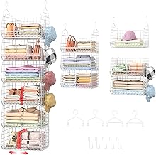 6 Tier Extra Large Hanging Closet Organizer, Closet Storage Hanging with Dividers, Wire Closet Shelf with 5 S Hooks 4 Dividers,Sweater Handbag Hat Accessory Storage Hanger,White