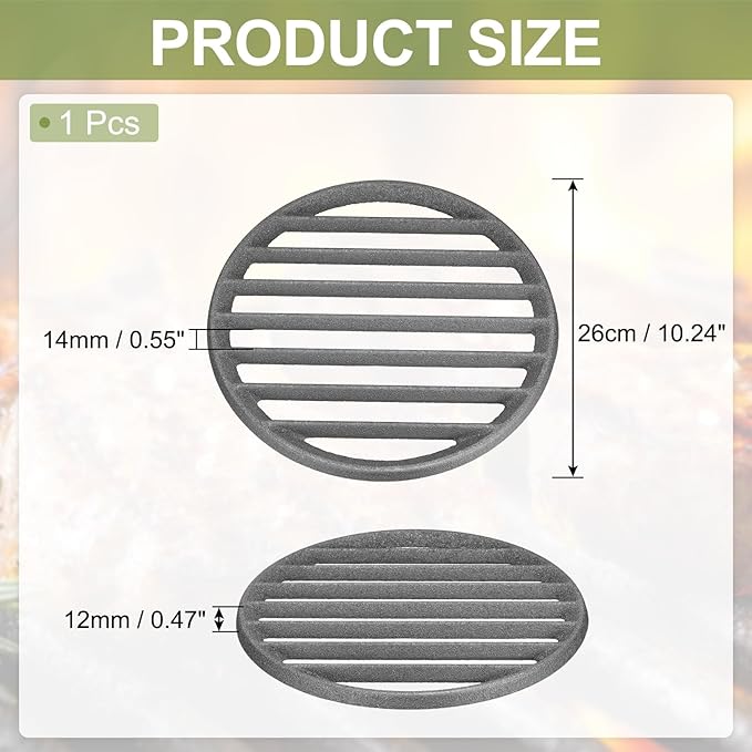 PATIKIL Cast Iron Fire Grate, 10.2" Round BBQ Grill Grate Replacement High Heat Charcoal Plate Fire Bottom Grate Grilling Accessories 6 Slots for Grilling Barbecue