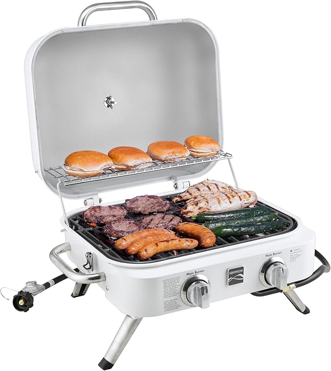 Kenmore Portable Propane Gas Grill - Tabletop BBQ Grill with Warming Rack, 2 Stainless Steel Burners with 14,000 BTUs, for Outdoor Kitchen, Camping, Pearl