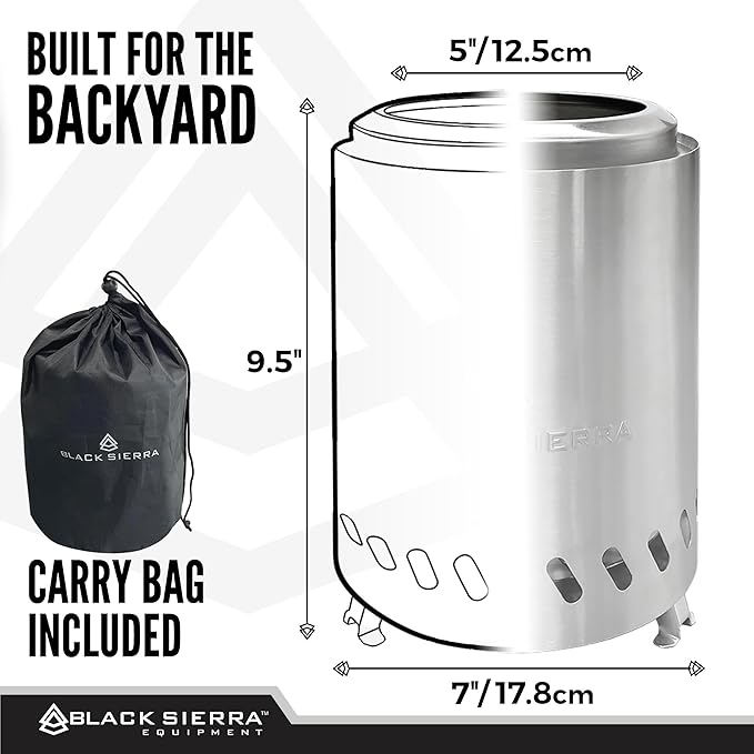 Black Sierra Tabletop Smokeless 7" Firepit, Mini Firepit Burns Wood Pellets, Stainless Steel for Camping, Outdoor & Patio, Wood Burning Portable Bonfire Perfect for Smore's