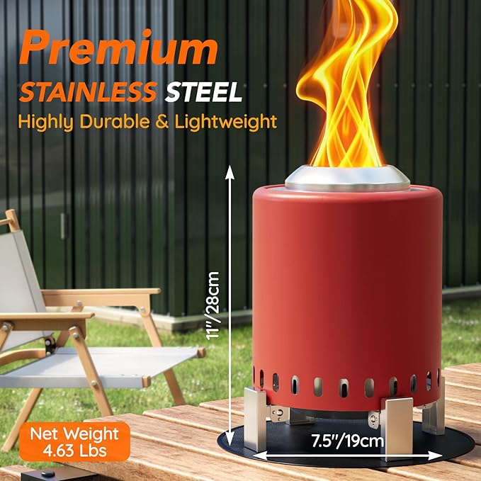 Mini Smokeless 7 Inch Tabletop Fire Pit with Pan Stand and Insulation Mat, Portable Stainless Steel Fire Pit for Camping, Patio Tabletop Firepit, Burns Wood or Pellets, Travel Bag Included, RED