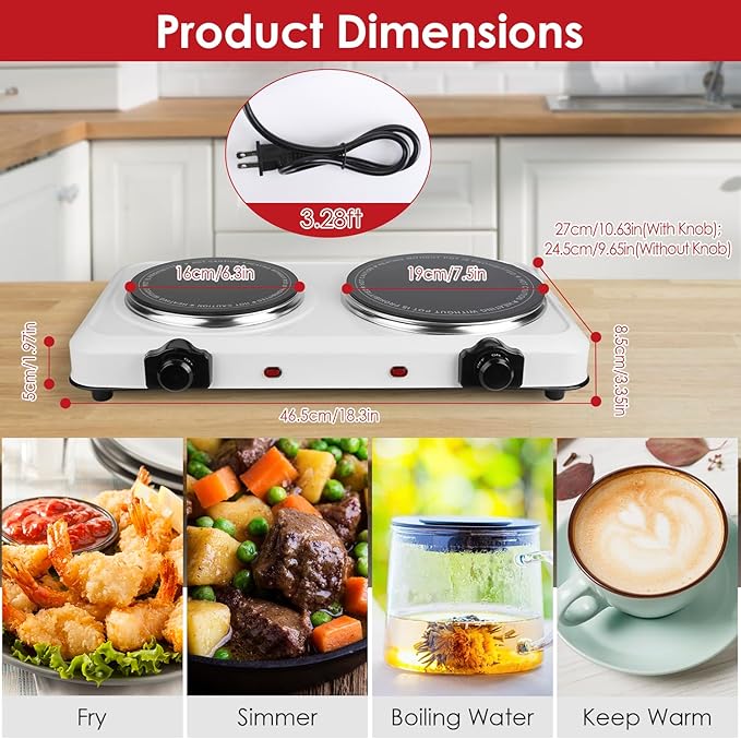 Electric Infrared Dual Burner, Portable Heating Hot Plate Stove Countertop RV Hotplate Glass Cooktop for Home RV Camp, Stepless Temperature Adjustments (Double)