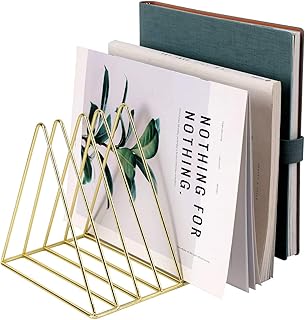 PENGKE File Organizer Triangle Iron Desktop Storage Book Rack Bookshelf Copper Magazine Newspaper Holder Art Desktop Organizer Rack,Gold Pack of 1