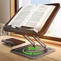 Book Stand for Reading, Adjustable Book Holder with 360°Rotating Bases, Ergonomic Cookbook Stand Recipe Book Holder with Elastic Page Clips for Magazines, Tablets, Laptops,Black