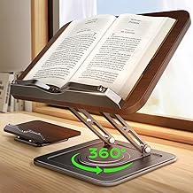 Book Stand for Reading, Adjustable Book Holder with 360°Rotating Bases, Ergonomic Cookbook Stand Recipe Book Holder with Elastic Page Clips for Magazines, Tablets, Laptops,Black