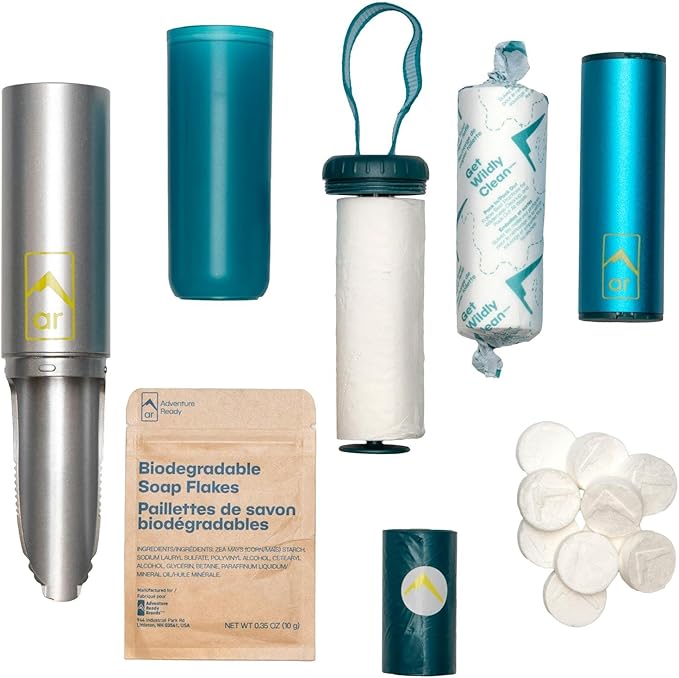 AR Adventure Ready Backpacking Trowel Toilet Kit - Includes Aluminum Camping Shovel, Toilet Paper, Packout Bags, Soap Flakes & Compressed Towelettes