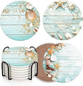 Britimes Coaster for Drinks Set of 6, Beach Seashells Wooden Nautical Wood Sand Table Coastal Absorbent Round Ceramic Stone Mat, with Cork Base and Metal Holder, Gift for Housewarming Room Bar Decor