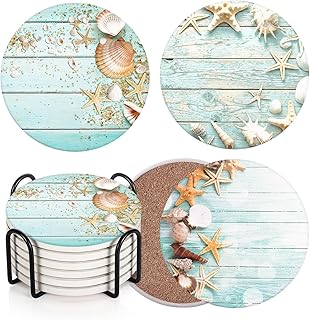 Britimes Coaster for Drinks Set of 6, Beach Seashells Wooden Nautical Wood Sand Table Coastal Absorbent Round Ceramic Stone Mat, with Cork Base and Metal Holder, Gift for Housewarming Room Bar Decor