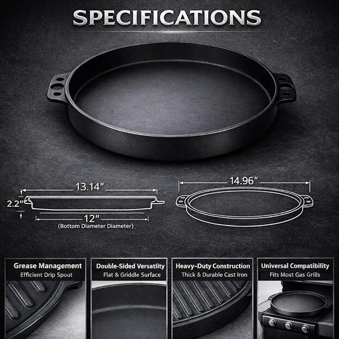 Cast Iron Griddle Gourmet BBQ Griddle 7421 for Weber 22 Inch Charcoal Grill, Cast Iron 13" Griddle Pan Easy To Clean Cast Iron Skillets Use In The Oven, On The Stove or Grill, Over A Campfire