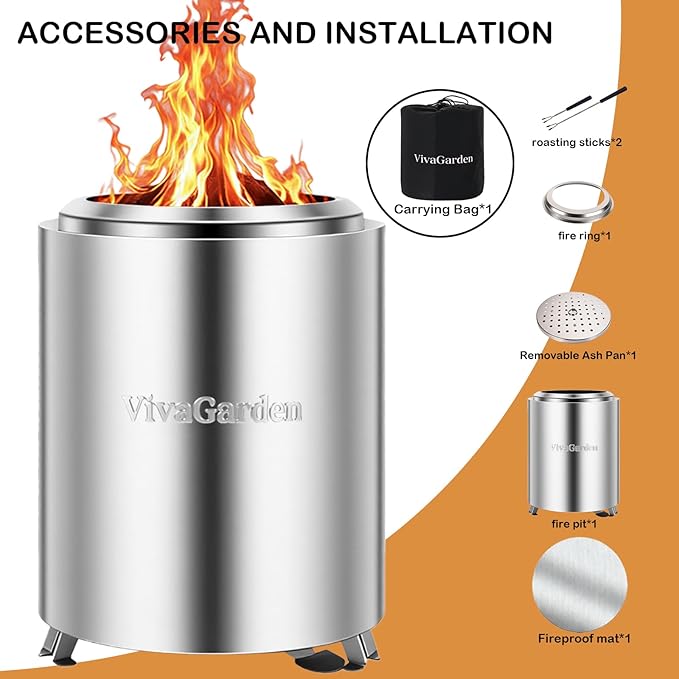 Portable Tabletop Fire Pit, VivaGarden Smokeless Table Top Fire Pit, Wood Burning & Pellets Outdoor Camping Stove with Carry Bag, Forks and Mat (9.7x7.1 Inch, Silver)