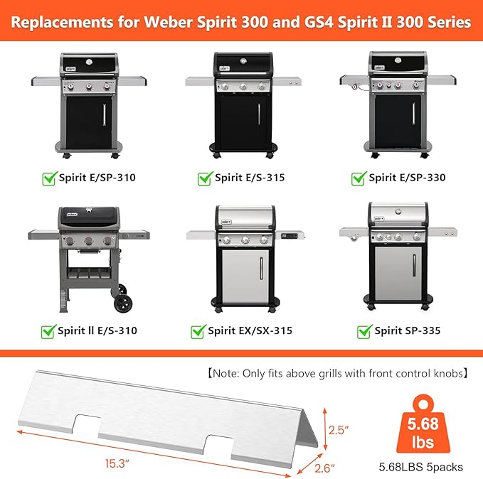 QuliMetal 7636 67046 Flavorizer Bars for Weber Spirit 300 & GS4 Spirit II 300 Series, Spirit E310 E320 E330 S310 S315 S320 S330 Grill with Front Control Knob - 15.3 Inch Flavor Bars Replacement Parts