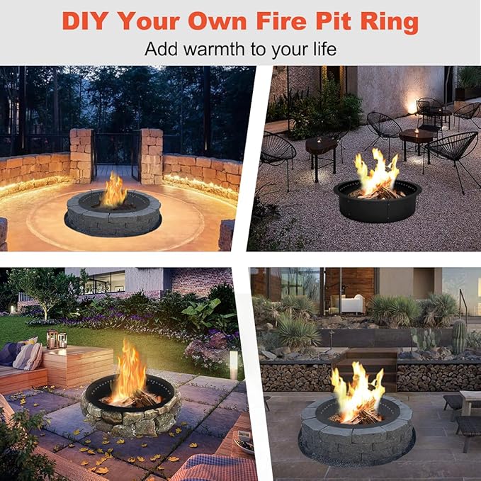 Koutemie Outdoor Smokeless Fire Pit Ring Liner 32-Inch Outer/28-Inch Inner Diameter, Heavy Duty Solid Metal Steel Round Firepit Rim Insert for Outside DIY Campfire Ring Above or In-Ground, Black