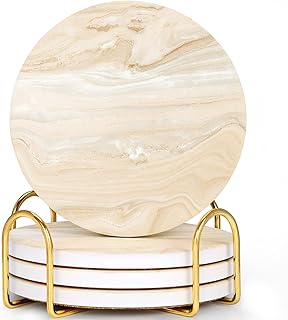 GOH DODD Coasters for Drinks Set of 4, Absorbent Marble Style Ceramic Coaster Cup Coasters Tabletop Protection Home Decor with Metal Holder for Housewarming Gifts Wedding Party, Gold, Round, 4 Inch
