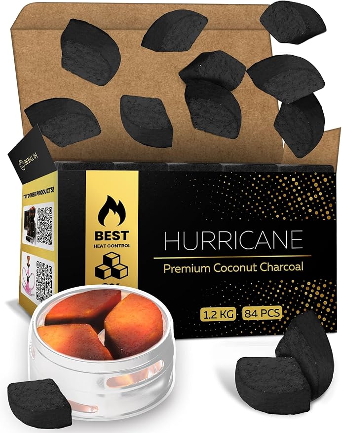 84 pcs of Hookah Charcoal Designed Specially for HMD - Premium Hookah Coals Hurricane 3 Pieces Coal Element fits All HMD – 1.2 KG (2.6 lbs) – Premium Quality 100% Natural NOT Quick Light Hookah Coals