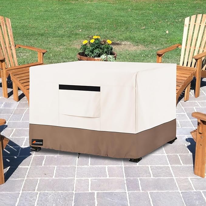 Fire Pit Cover Square, Outdoor Heavy Duty Durable 600D 100% Waterproof Tear-Resistant 26-28 Inch Fire Pit Cover, Patio Fire Pit Table Covers, Beige 28" L x 28" W x 25" H
