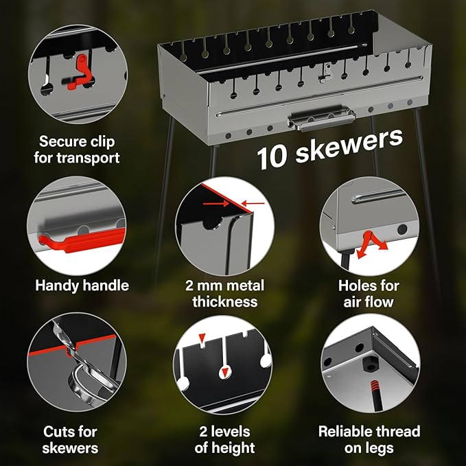 Stainless Steel Charcoal Grill for 10 Skewers – Portable BBQ 20.87"×9.45"×20.87" – Foldable Kabob Mangal – Durable Rustproof Grill for Picnic & Camping (Skewers Not Included)