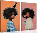Black Kids Wall Art - Afro American Children Canvas Prints, Modern African American Portrait Paintings for Girls Bedroom, Cute Black Girl Nursery Art, Cultural Wall Decor， Framed12 x 16inches X2piece