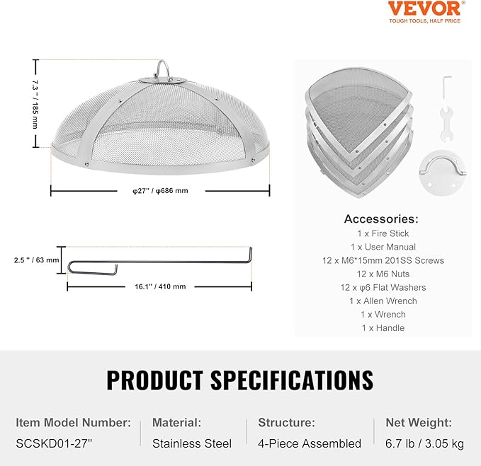 VEVOR Fire Pit Spark Screen Round 27", Reinforced Heavy Duty Steel Metal Cover, Outdoor Firepit Lid, Easy-Opening Top Screen Covers Round with Ring Handle for Outdoor Patio Fire Pits Backyard