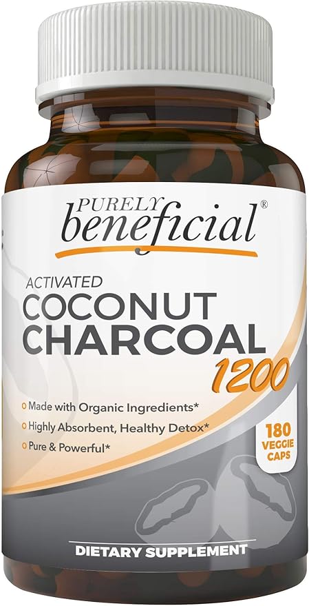 PURELY beneficial Activated Coconut Charcoal 1200mg, 180 Capsules - Pills for Digestive System, Bloating, Vegan (1bottle)