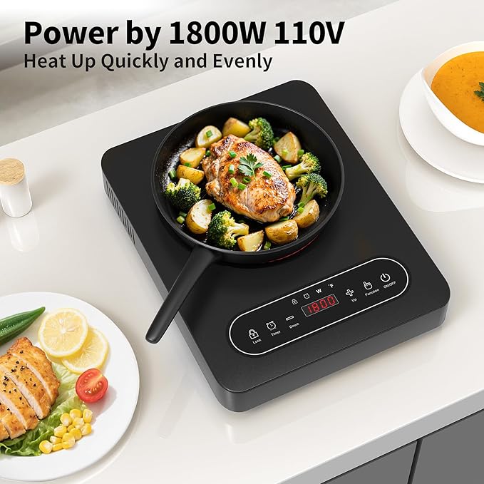 GIHETKUT Single Burner Electric Cooktop,110V 1800W Electric Stove Top with LED Touch Control,10 Power Levels, 4 hTimer, Safety Lock,single electric burner Overheat protection