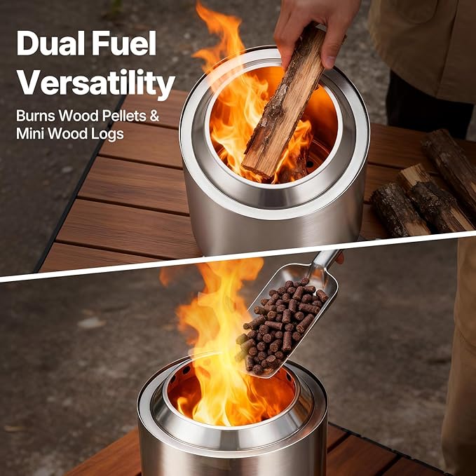 7 Inch Tabletop Fire Pit, Smokeless Mini Firepit with Stand, Portable Wood & Pellet Firepit for Camping, Indoor & Outdoor & Backyard, Forks, Spoon & Travel Bag Included, Stainless Steel