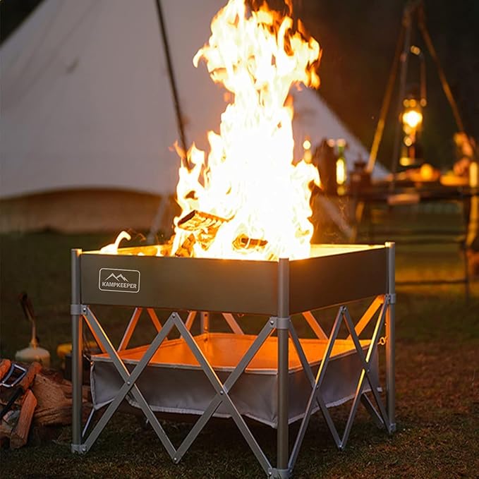 KAMPKEEPER Portable Fire Pit, Outdoor Tabletop Firepit 18 Inch, 304 Stainless Steel Wood Burning Fireplaces, Collapsible Pop Up Fire Pit for Outside, Included Heat Shield for Leave No Trace Fires