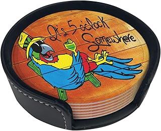 It's 5 O'Clock Somewhere Coasters Set of 6 Pu Leather Drinks Coaster with Holder for Coffee Table Kitchen Table Bar Home & Office Gifts Decor