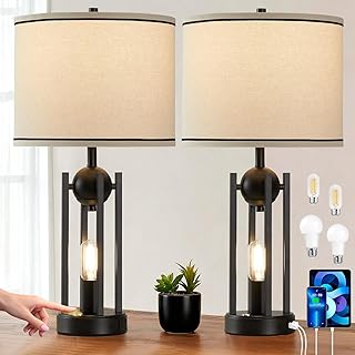 25'' Farmhouse Table Lamps for Living Room Set of 2 with USB C+A Ports, Vintage Bedside Lamp for Bedroom, Touch Lamps for Nightstand, Dual Lights Independent Switch, 4 Bulbs Included, Black