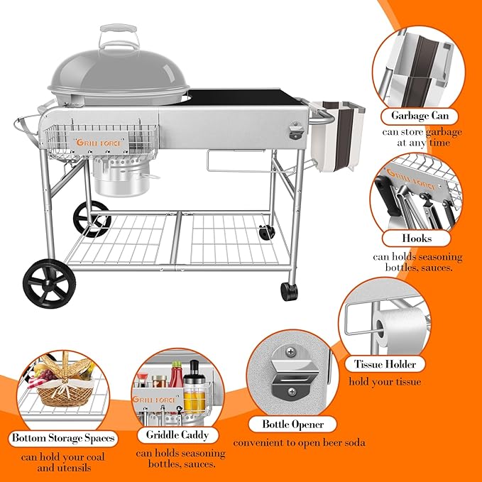 Grill Table for Weber 18" & 22" Original Kettle,Kettle Grill Cart,Outdoor Prep Table for Weber Original Kettle,Jumbo Joe,Master-Touch Charcoal Grill,Performer Charcoal Grill Accessories
