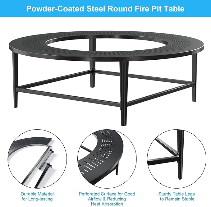 LS'BABQ 45" Fire Pit Surround Tabletop with Waterproof Cover for Solo Stove Yukon & Bonfire, Round Outdoor Fire Pit Table for Most Wood-Burning Stoves Under 28.5" Dia for Camping, Powder-Coated Steel