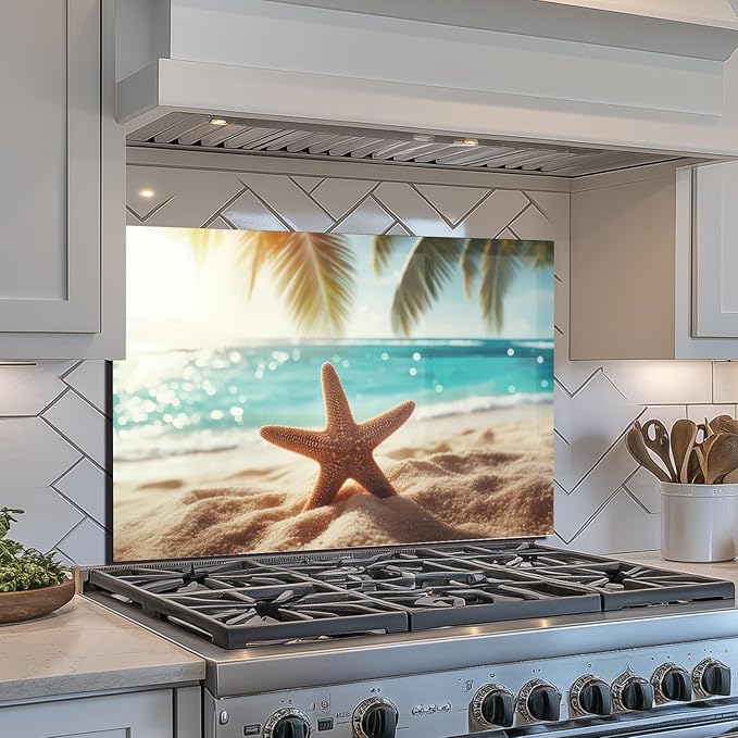 Evgosm Tempered Glass Backsplash for Kitchen， Stove Splashback, beach Glass Backsplash, Used for Kitchen Wall Protection and Decoration, Easy to Install and Clean. (30x20'')