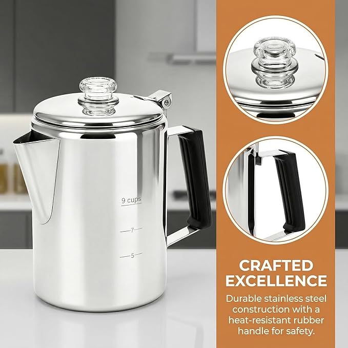 Cididu Camping Coffee Pot Stainless Steel, Coffee Pot Outdoors, Durable Stove Top Brew Coffee Maker on Fire, Ideal for Group Camping, Hiking, Backpacking, RV and Travel, 9 Cups