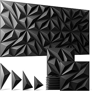 3D Wall Panels Black 16 Pack (Covers 15.5 Sq.Ft), 12" x 12" Diamond Texture Premium PVC Wall Tiles for Interior Decor, Waterproof & Paintable Accent Paneling for Gaming Room, Living Room
