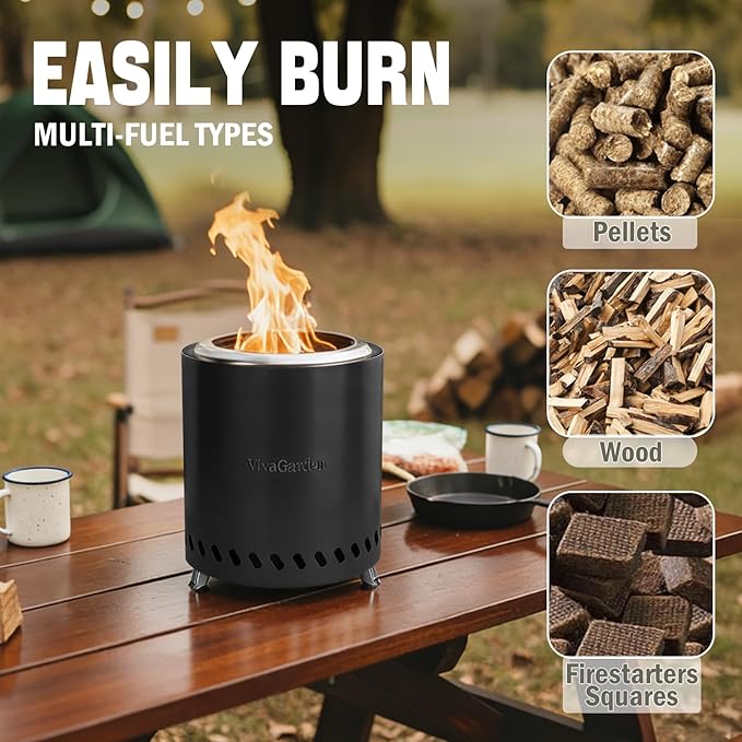 9.5 X 8.6 Inch Tabletop Fire Pit, VivaGarden Portable Firepit, Smokeless Table Top Firepit, Safe Burning Camping Stove, Fueled by Pellets or Wood, Forks, Mat & Travel Bag Included, Black