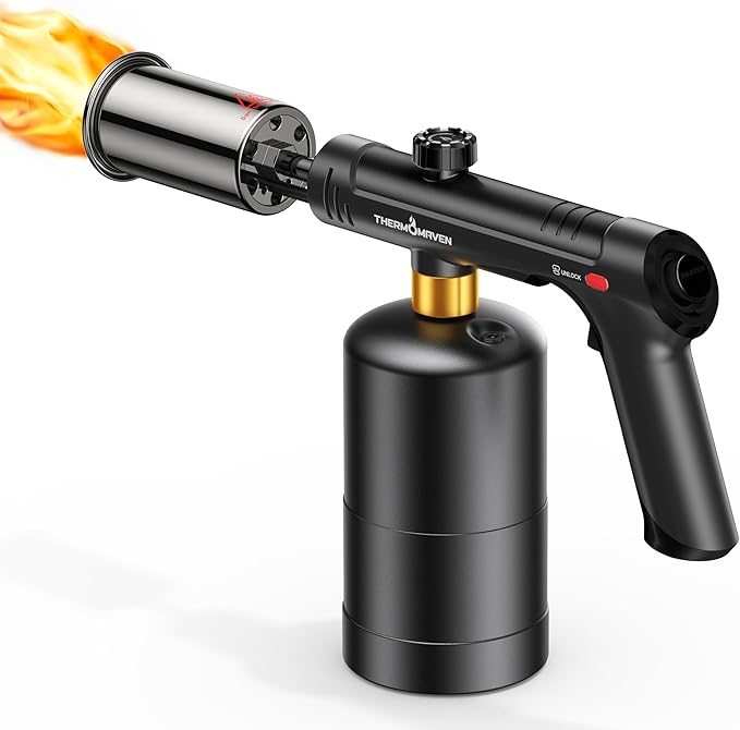 ThermoMaven Propane Torch with One-Touch Max Fire, Cooking Blow Torch Gun with Safety Lock, Charcoal Lighter, Flame Thrower, Gas Welding Kit Kitchen Food Torch Head for Grill, Sous Vide, BBQ, Black