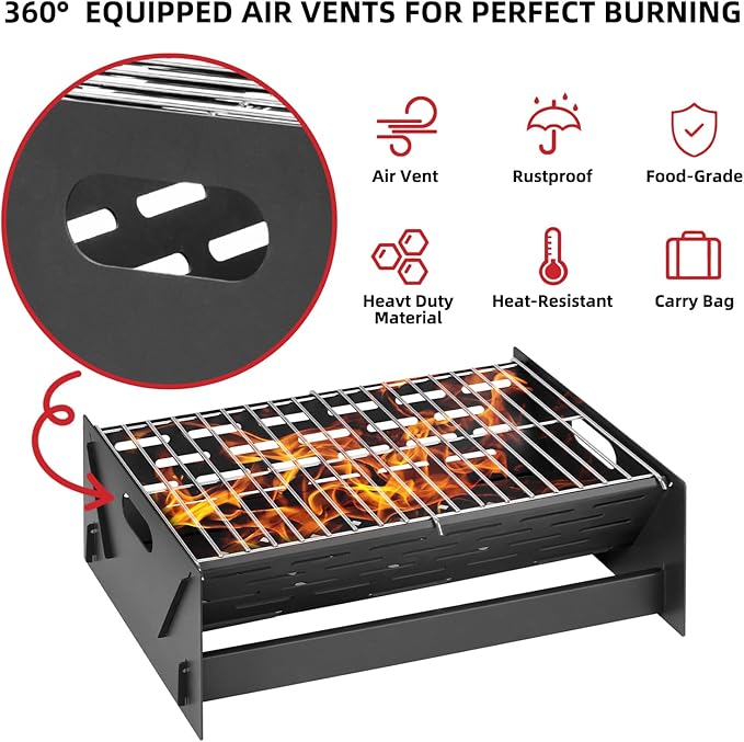 15.9" Foldable Portable Camping Charcoal Grill - Rust-Resistant Compact Tabletop Grill with Detachable Grate & Quick Assembly for Outdoor Cooking BBQ Smokes Beach Patio Backyard