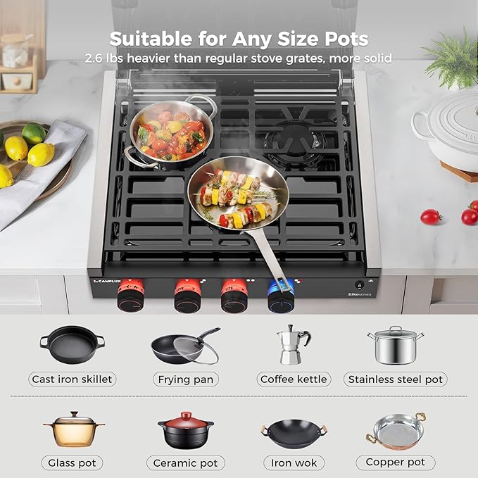 CAMPLUX Elite RV Stove 3 Burners, 21,000 BTU Propane Cooktop with Tempered Glass Cover & Flame Failure Protection, 21-Inch Slide-In Gas Rangetop for RVs, Campers, Motorhomes, and Boats, Black