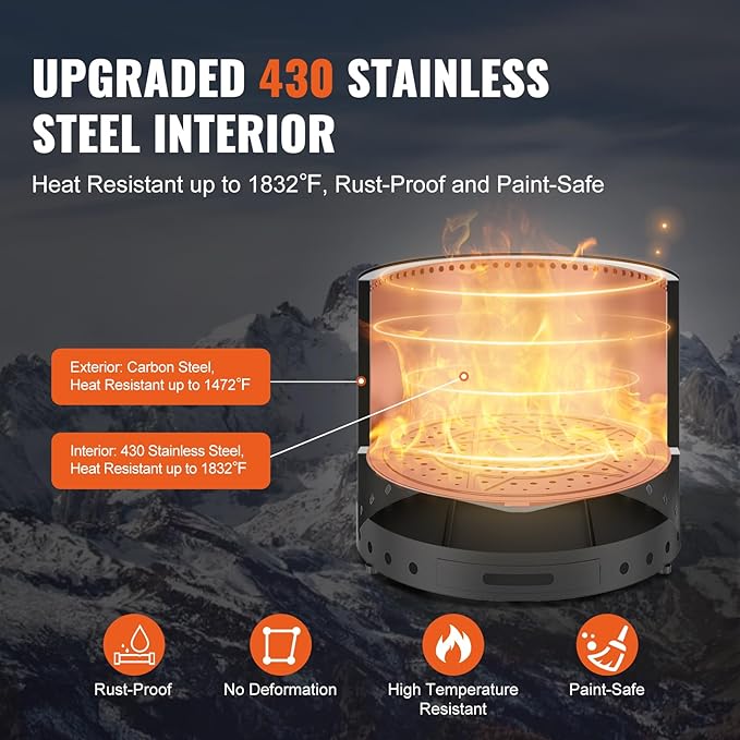 VEVOR Smokeless Fire Pit Stove Bonfire, H: 17 in x Dia: 28 in,Wood Burning Fireplaces with Removable Ash Pan, SUS430 Stainless Steel Inner Portable Outdoor Firepit,for Outdoor Patio Camping, Black