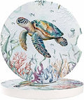 Small Coasters for Cup Holders 2.6" Dia Absorbent Set of 2 Car Interior Accessories for Women Men Summer Ocean Sea Turtle Ceramic Coaster for Drinks With Finger Grooves