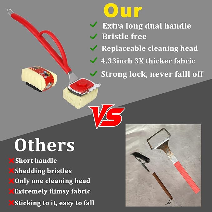 Grill Brush Bristle Free, BBQ Replaceable Cleaning Head with 18" Extended Handle, Unique Seamless-Fit Scraper Tool for Cast Iron/Stainless-Steel Grates, Durable Barbecue Cleaner(Red)