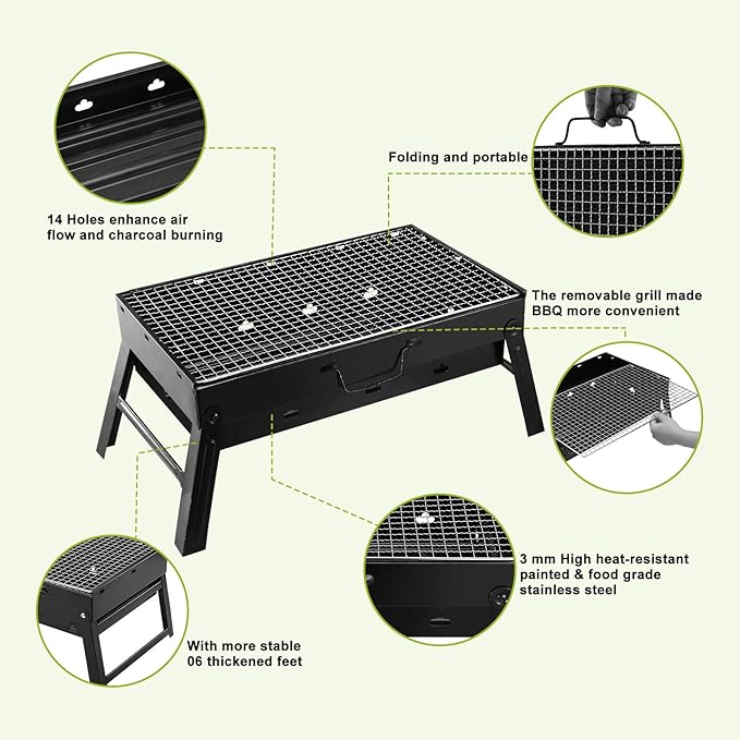 Portable BBQ Grill, Foldable Charcoal Grill Lightweight Smoker Grill for Outdoor Cooking Camping Hiking Picnics Tailgating Backpacking Party (Mini gril(17.7x10x11"))