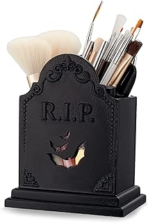 Gueevin Gothic Tombstone Makeup Brush Holder, Wooden Spooky Pen Holder Goth Desk Accessories for Halloween Witchy Home Office Bathroom Decor, Gothic Gifts for Women Vanity Organizer