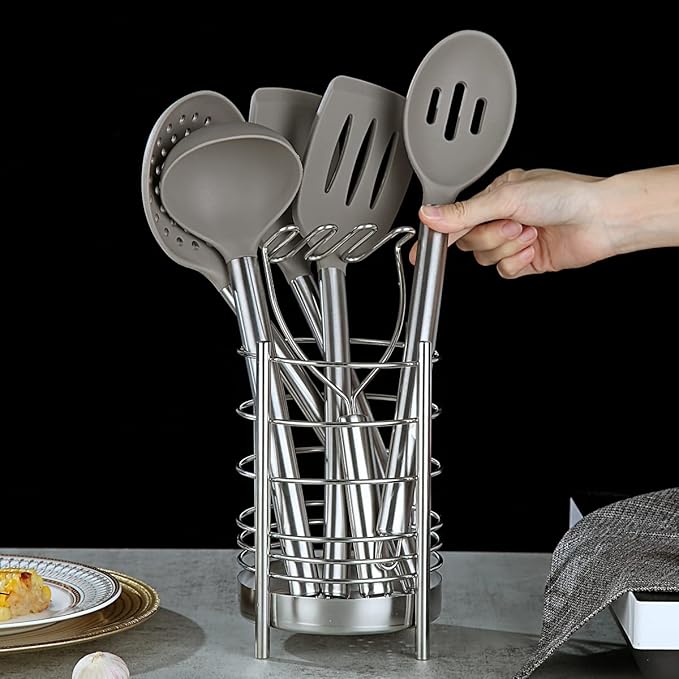 Berglander 38-Piece Non-Stick Silicone Cooking Utensils Set, Kitchen Tools Set, Stainless Steel Utensil Holder, Dishwasher Safe